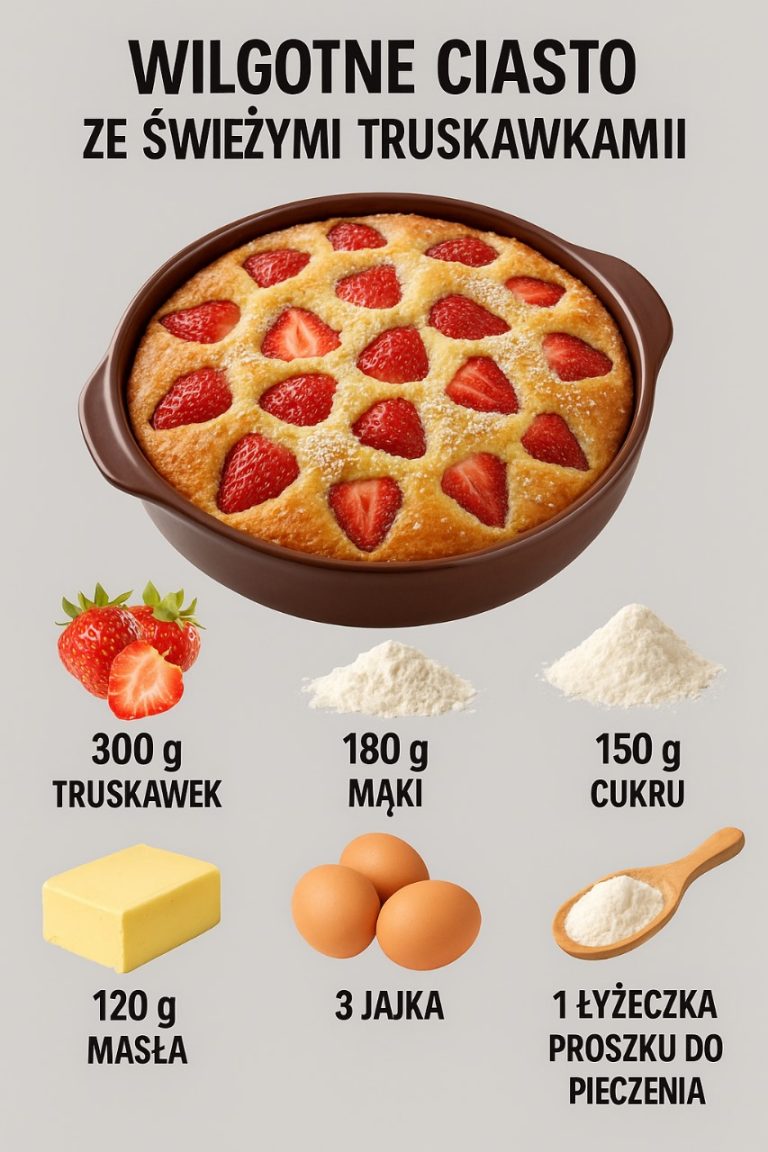 Wilgotne ciasto ze świeżymi truskawkami Składniki (Ingrédients) :