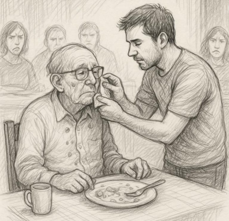 Pewnego dnia młody mężczyzna zabrał swojego starszego ojca na kolację do eleganckiej restauracji, aby podarować mu chwilę przyjemności i czułości.